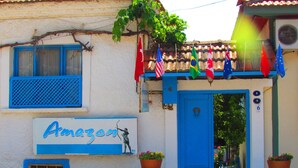 A building with a blue door and a sign that reads "Amazon". There are flags hanging above the door, and potted plants are placed in front of the building. - Amazon Antique (Selçuk)