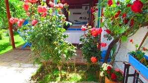 A garden area with a pergola, potted plants, and a table under a shaded structure. - Amazon Antique (Selçuk)