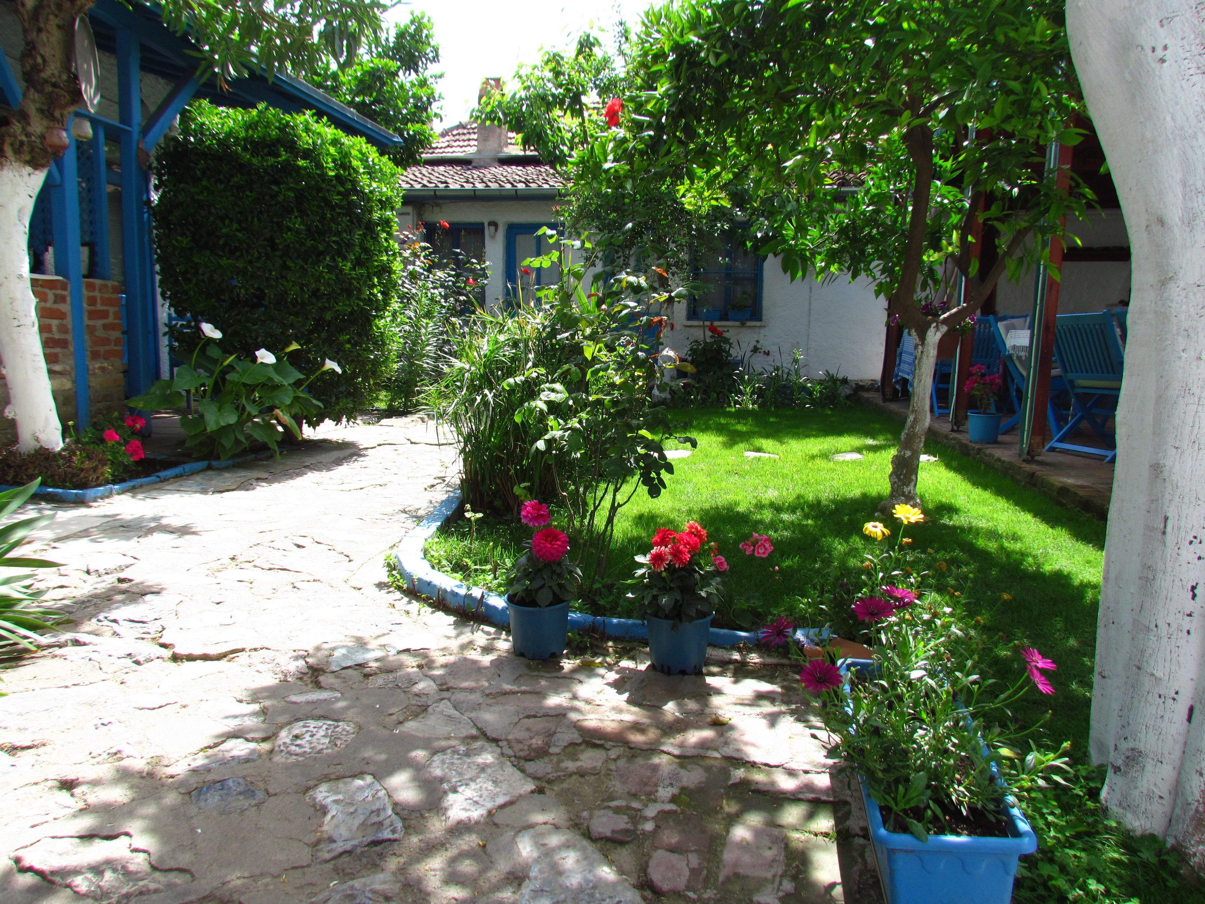 A garden pathway leading to a house with a blue door and a brick wall.