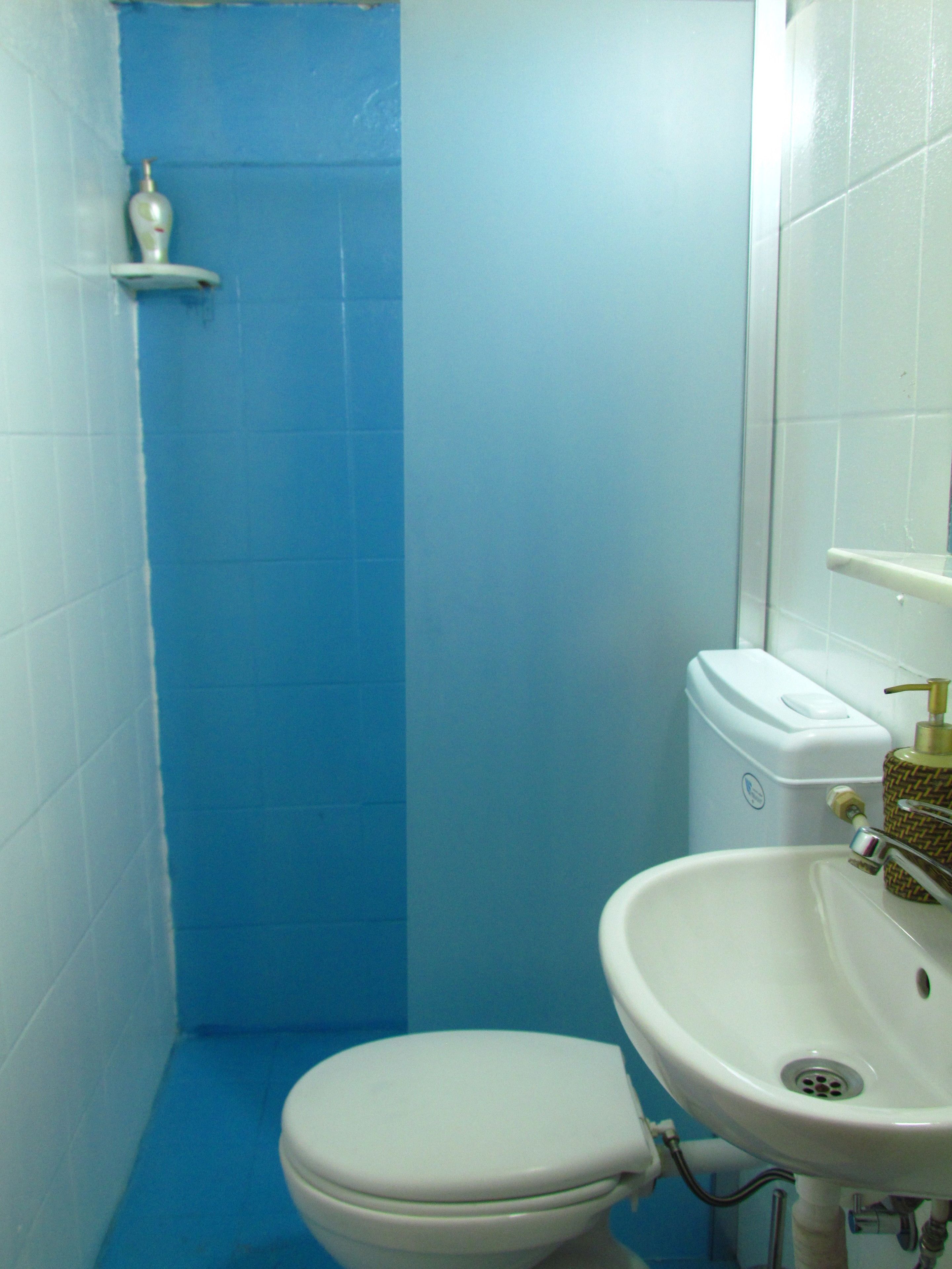 Une salle de bain avec des toilettes blanches, un lavabo et une douche dont le sol est recouvert de carreaux bleus.