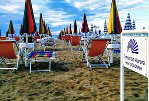 A beach with rows of sun loungers and umbrellas, a sign for Consorzio Aurora Hotel Colonna, and the ocean in the background.
