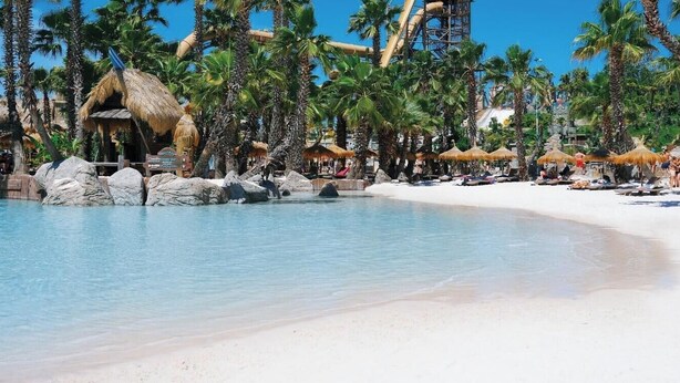 A resort pool with palm trees, beach umbrellas, and a thatched-roof hut. - Hotel Colonna (Jesolo)
