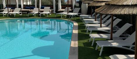 Outdoor pool, open 8:00 AM to 9:00 PM, pool umbrellas, pool loungers