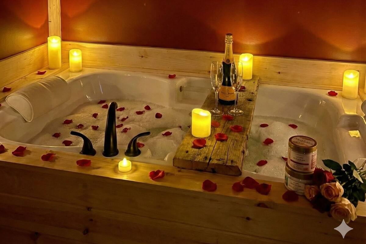 Una bañera de madera con pétalos de rosa, velas y una botella de champán.