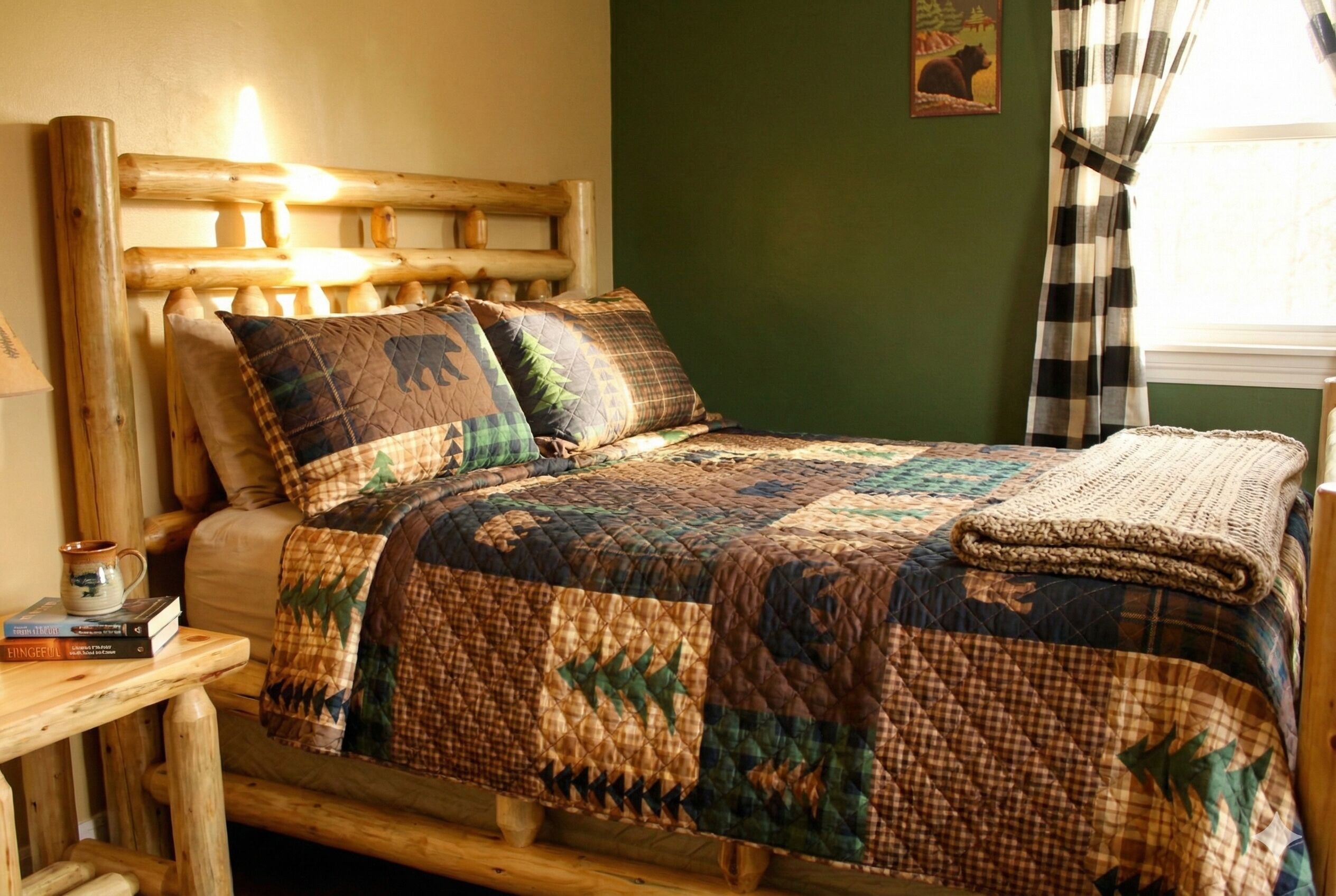 A wooden bed with a quilt, a nightstand with books and a mug, and a green wall with a picture.
