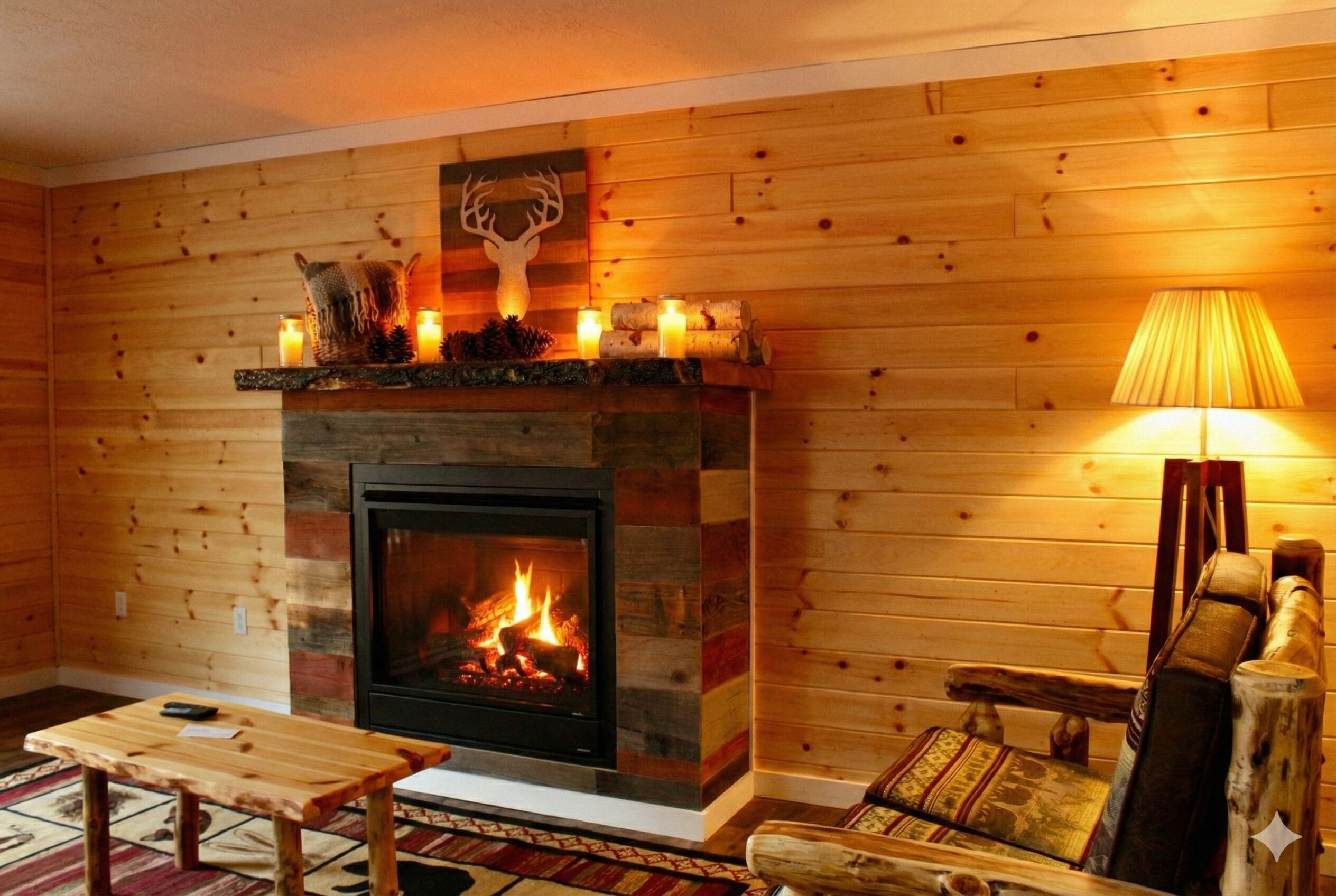 Ein gemütliches Zimmer mit Kamin, Holzwänden, einer Bank und einer Lampe.
