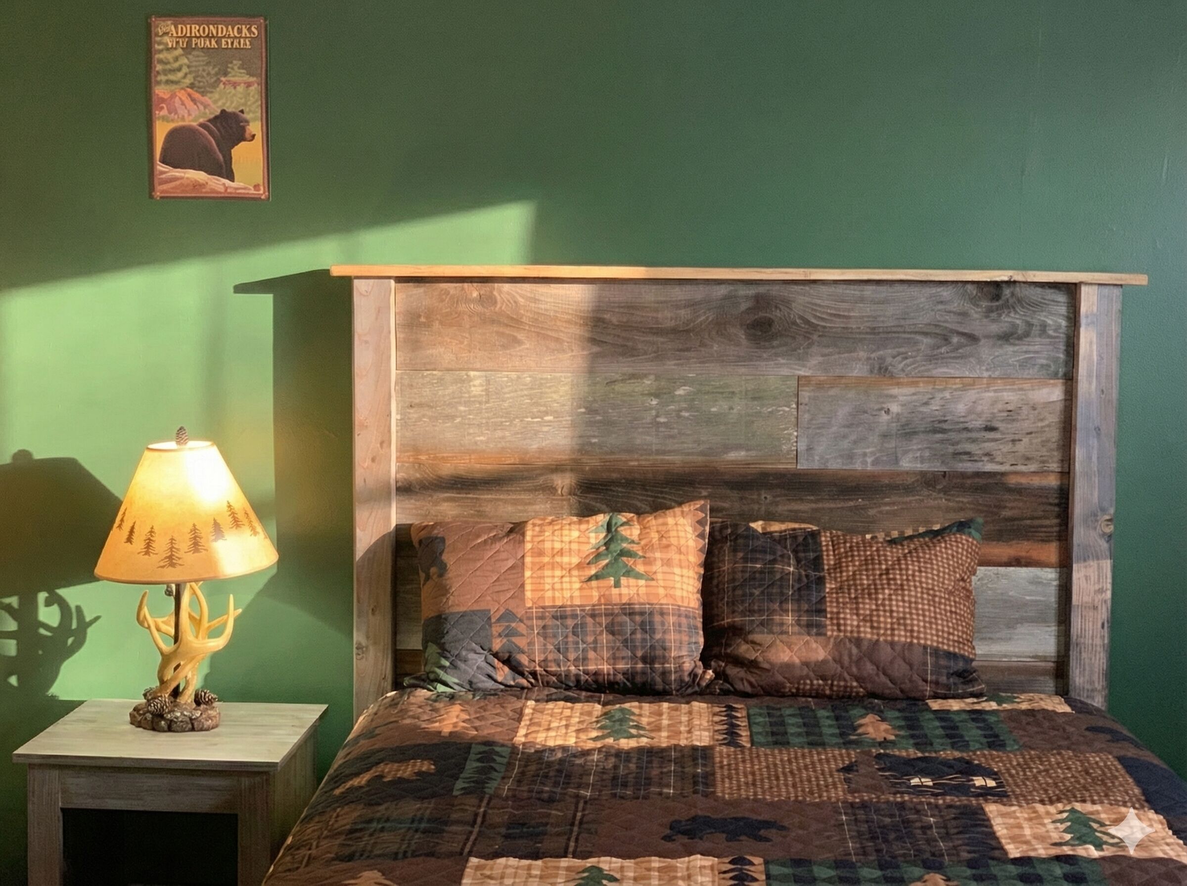 Un lit avec une tête de lit en bois, une lampe et une affiche accrochée au mur.