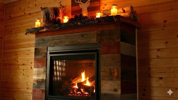 Una chimenea con un adorno de cabeza de venado, velas y leña.