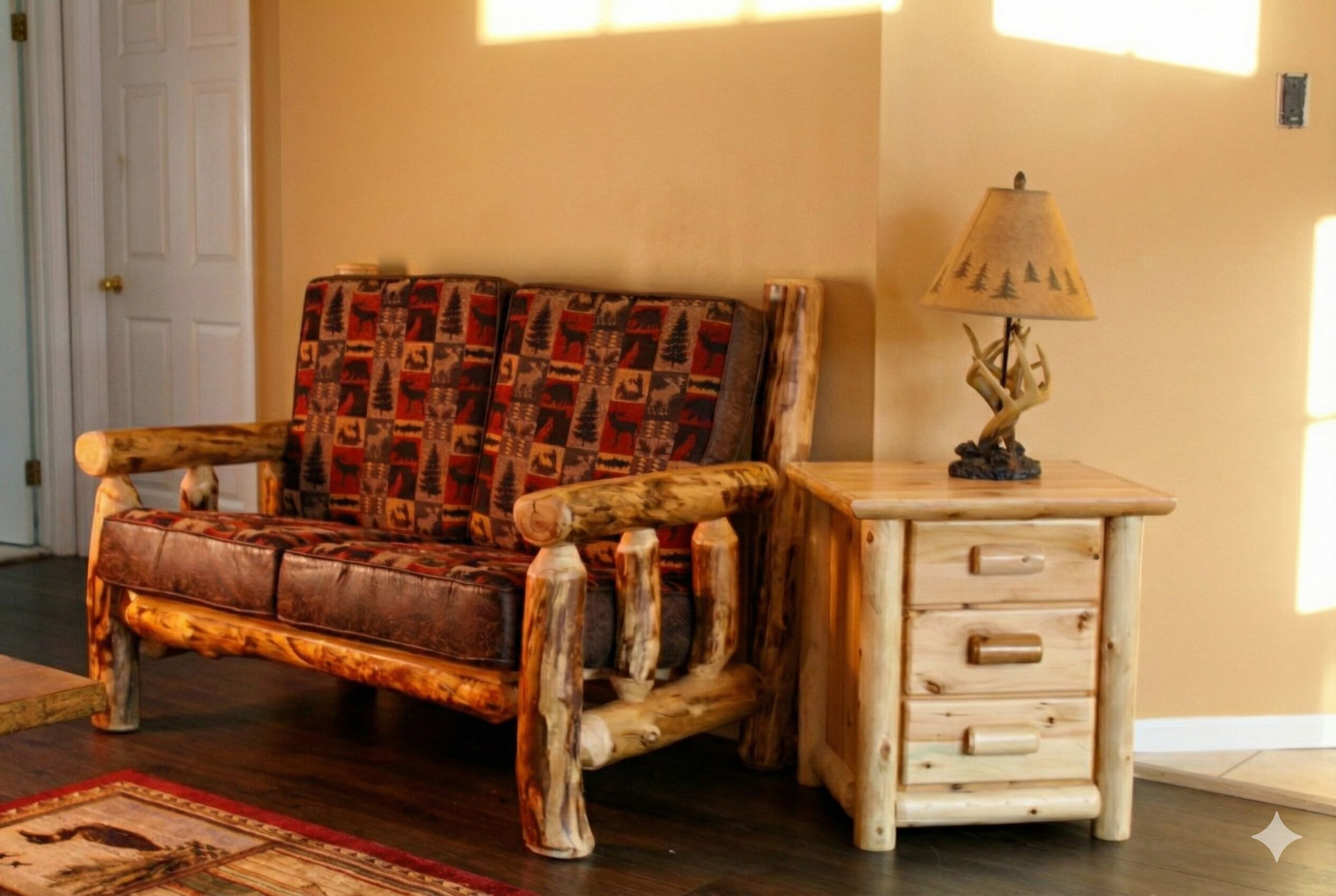 A rustic wooden sofa with a patterned cushion, a small wooden nightstand with drawers, and a lamp with a tree design.