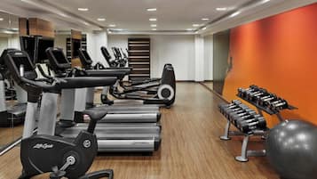 Een fitnessruimte met loopbanden, elliptische trainers, gewichten en fitnessballen.