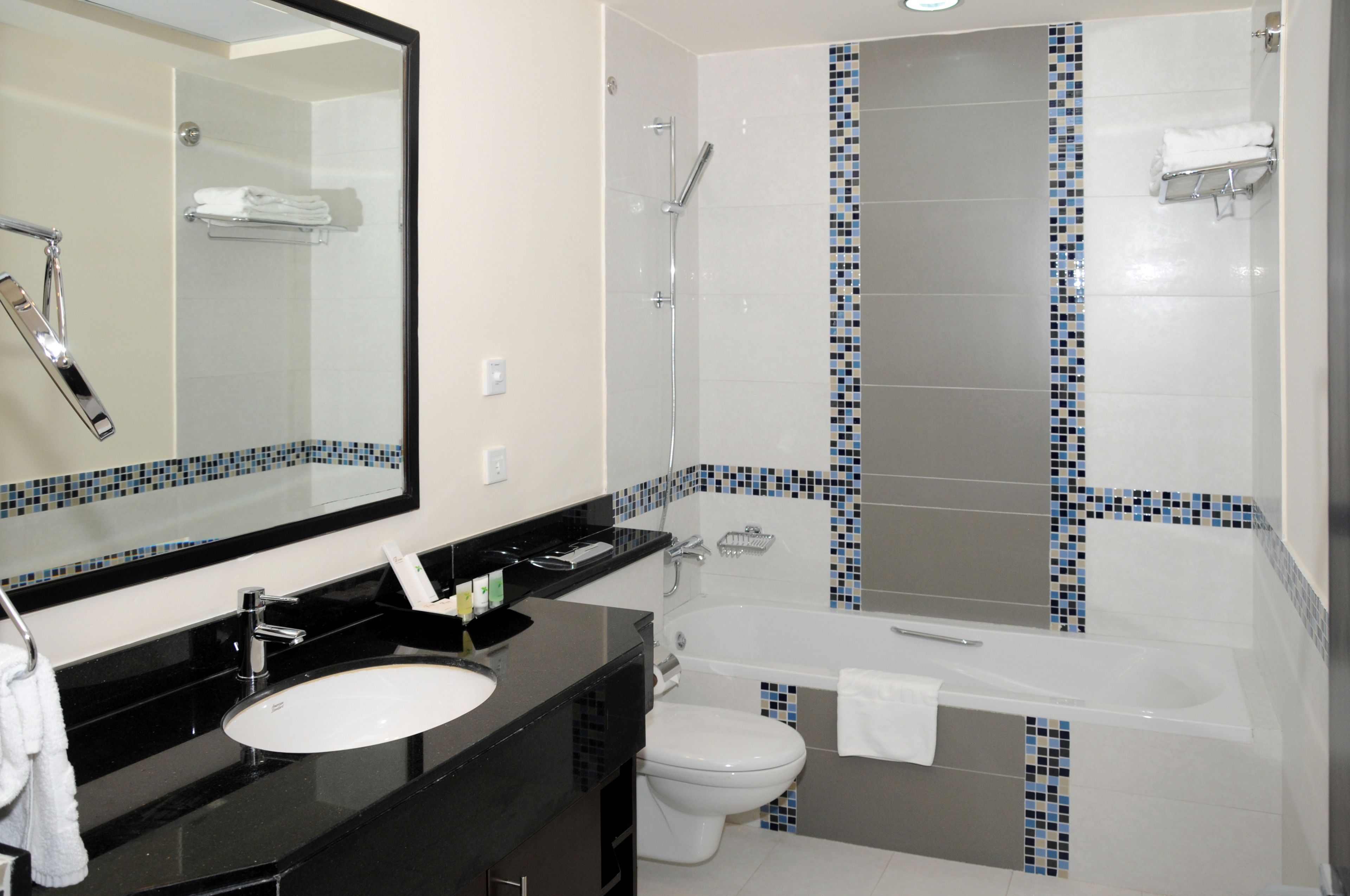 A modern bathroom with a black sink, white toilet, and a large bathtub.