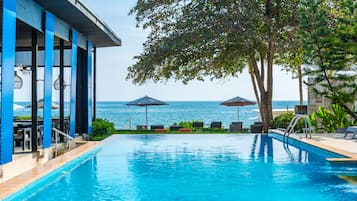 Una piscina al aire libre, sombrillas