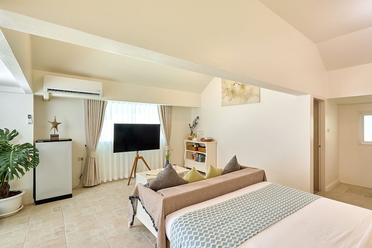A hotel room with a bed, a TV on a stand, a desk with a computer, a potted plant, and a window.