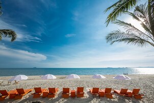 Private beach, beach umbrellas, beach towels, beach volleyball