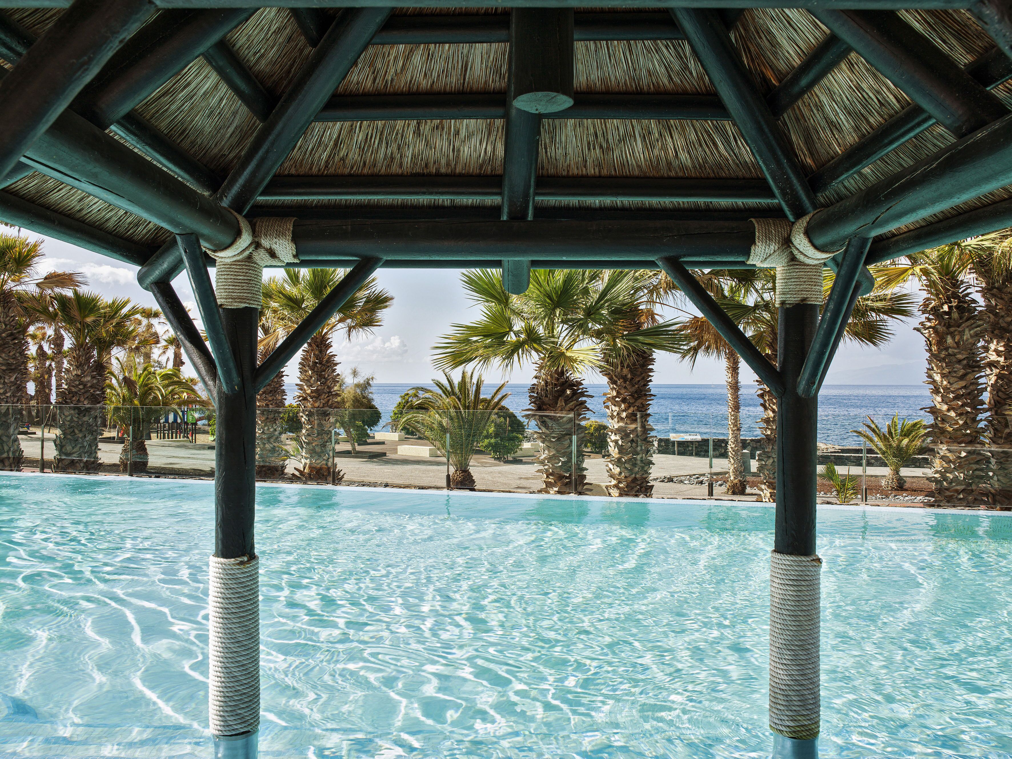 Un área de piscina con una estructura de techo de paja, palmeras y vista al océano.