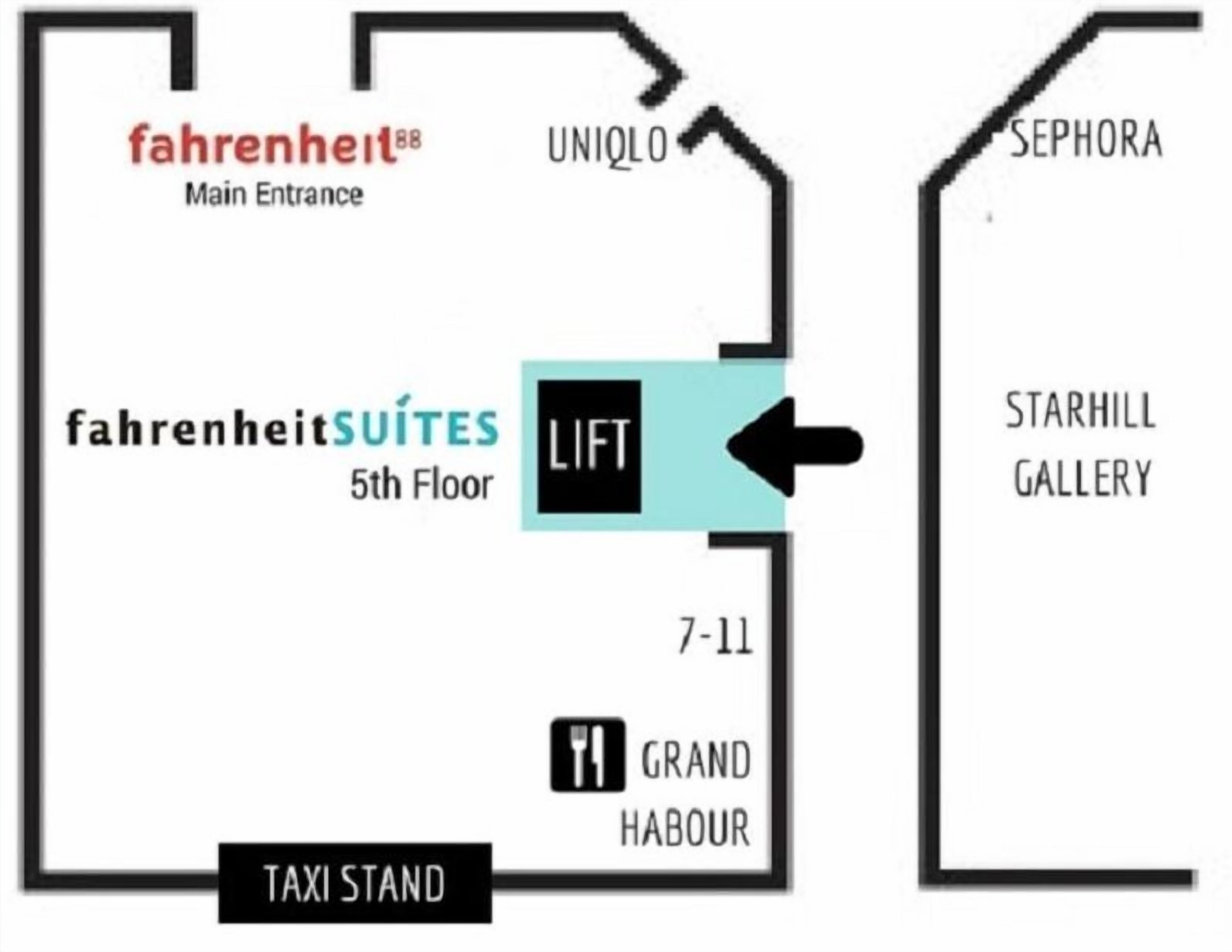 A floor plan with 'fahrenheit SUITES' on the 5th floor, a 'LIFT' sign, and a 'TAXI STAND' at the bottom.