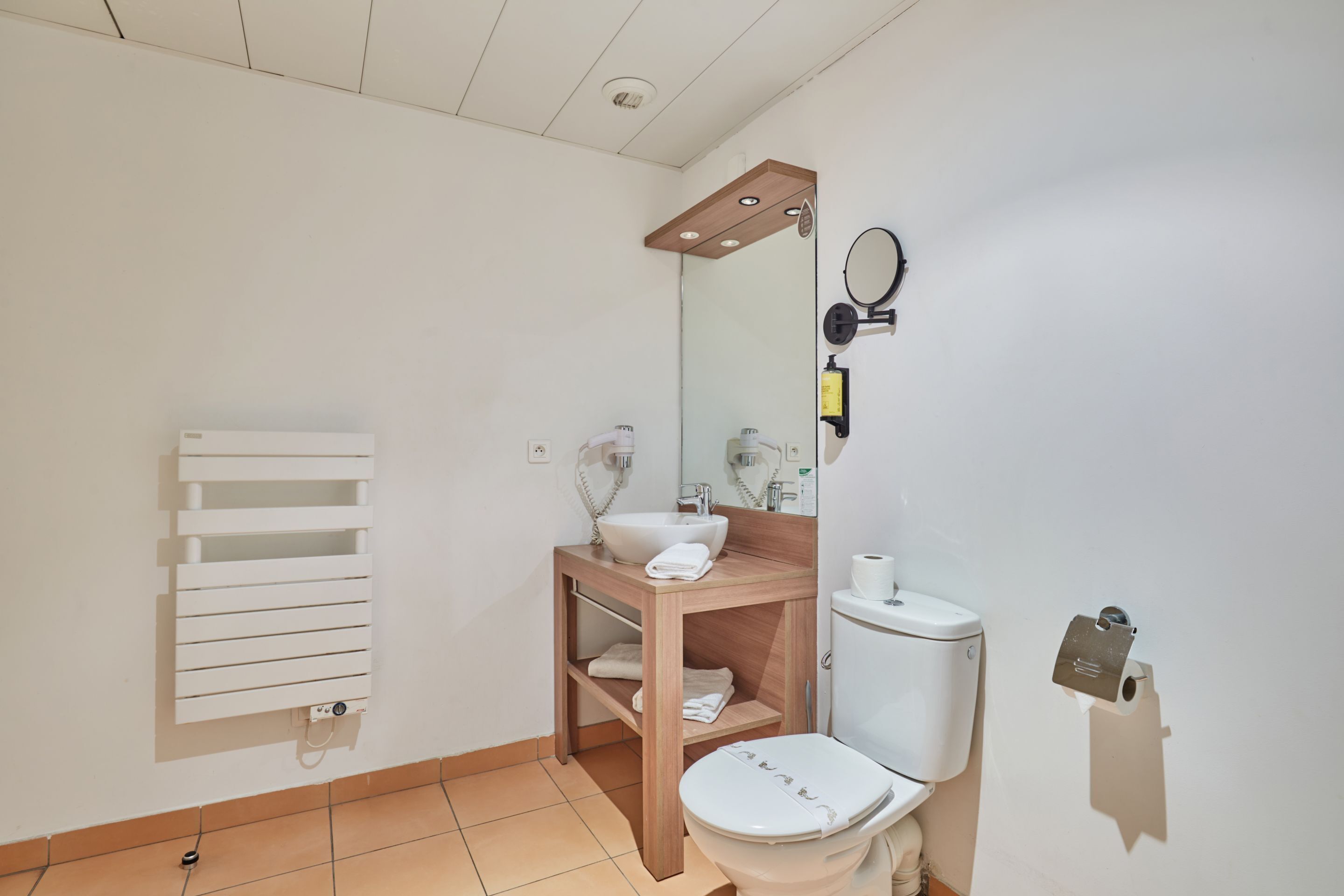Ein Badezimmer mit Toilette, Waschbecken, Spiegel, Handtuchhalter und Handtuchheizung.