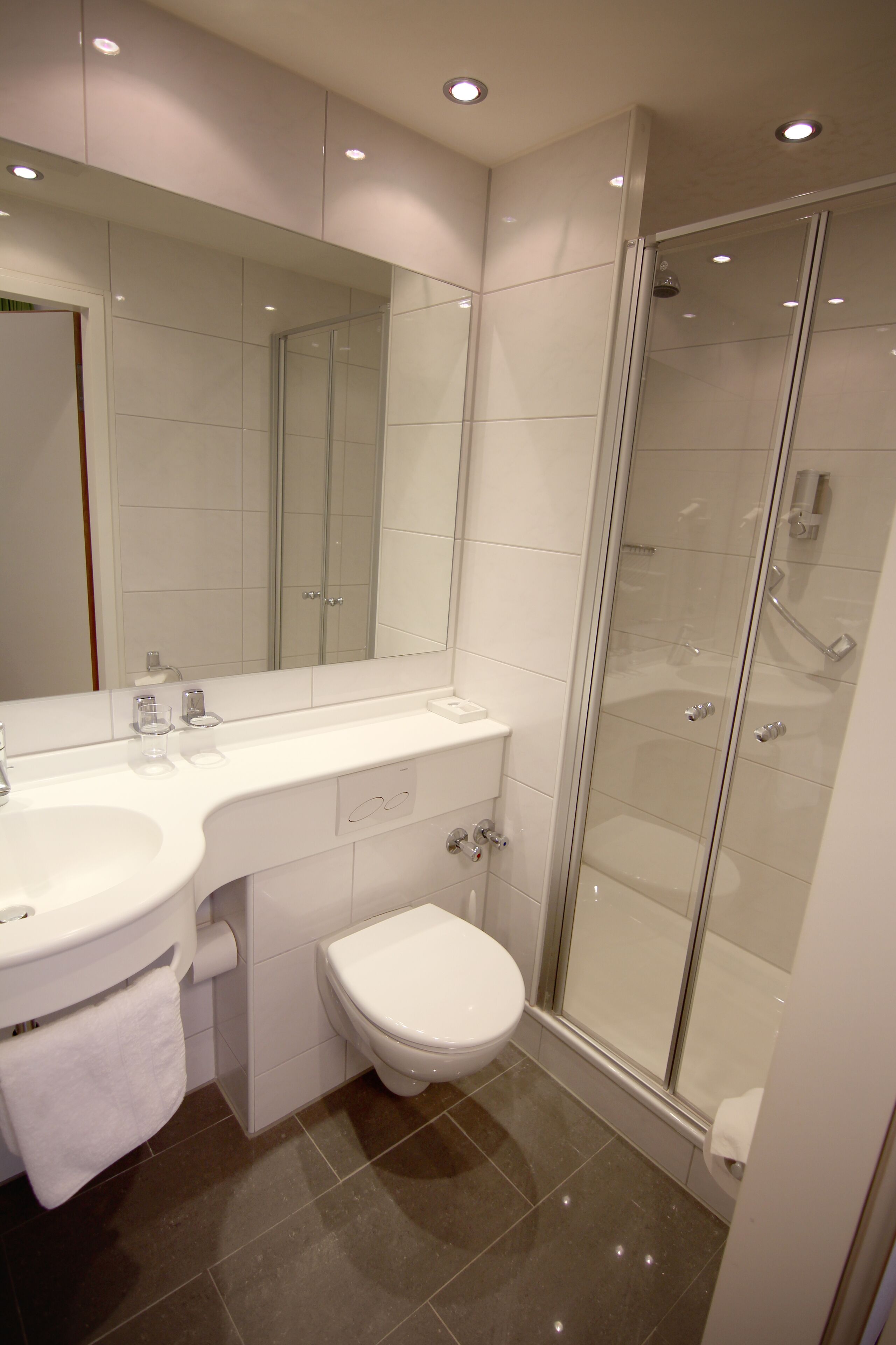 A modern bathroom with a glass-enclosed shower, a white sink, and a toilet.