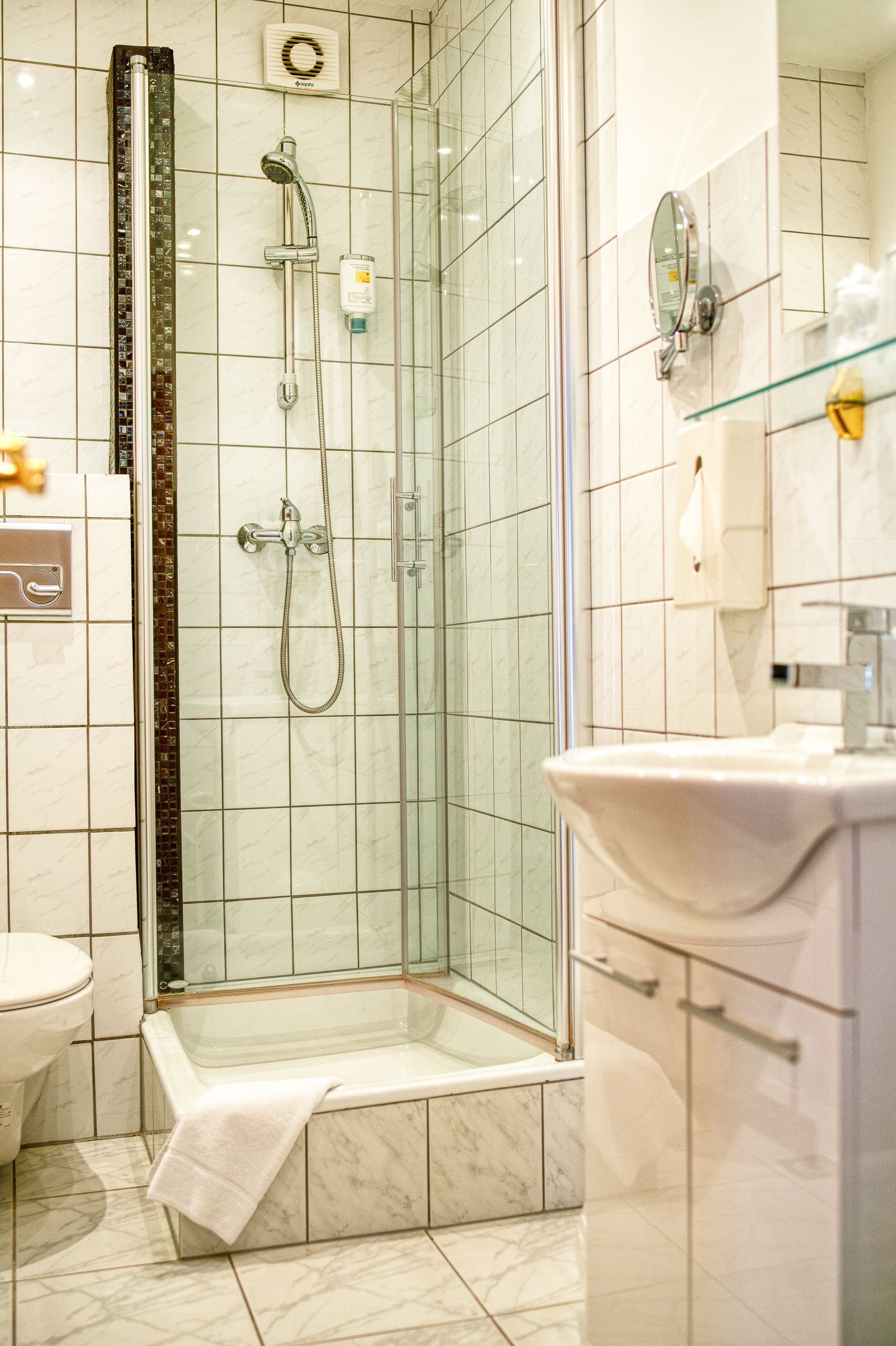 A modern bathroom with a glass-enclosed shower, a white sink, and a toilet.