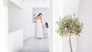 Un pasillo con pared blanca y un pequeño árbol.