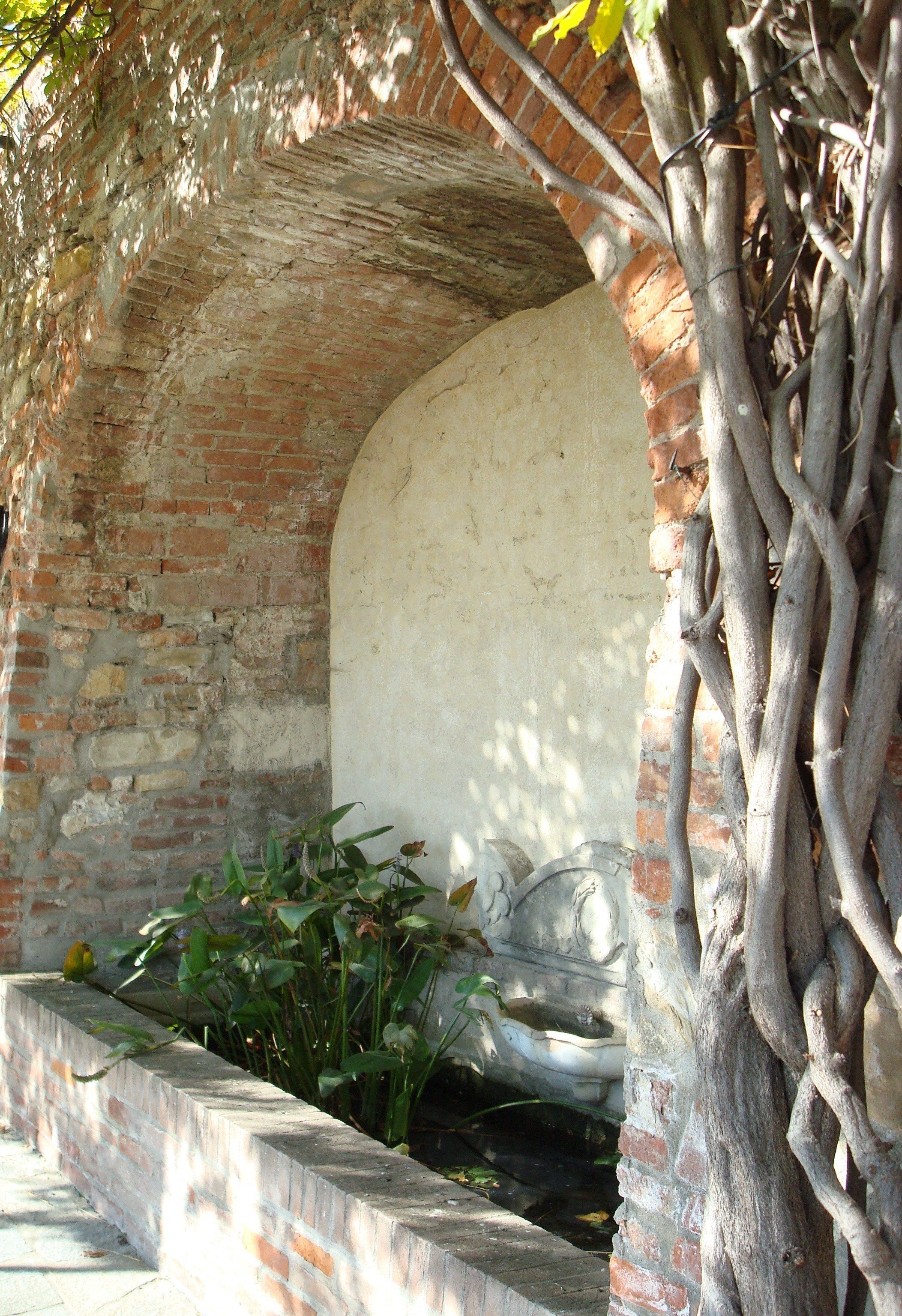 Una struttura ad arco in mattoni con un muro bianco, un vaso in cemento con piante e un albero con rami sparsi.