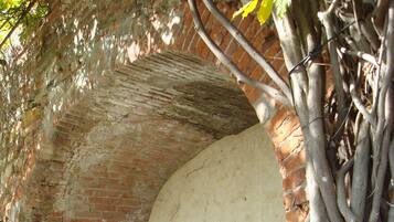 Una struttura ad arco in mattoni con un muro bianco, un vaso in cemento con piante e un albero con rami sparsi.