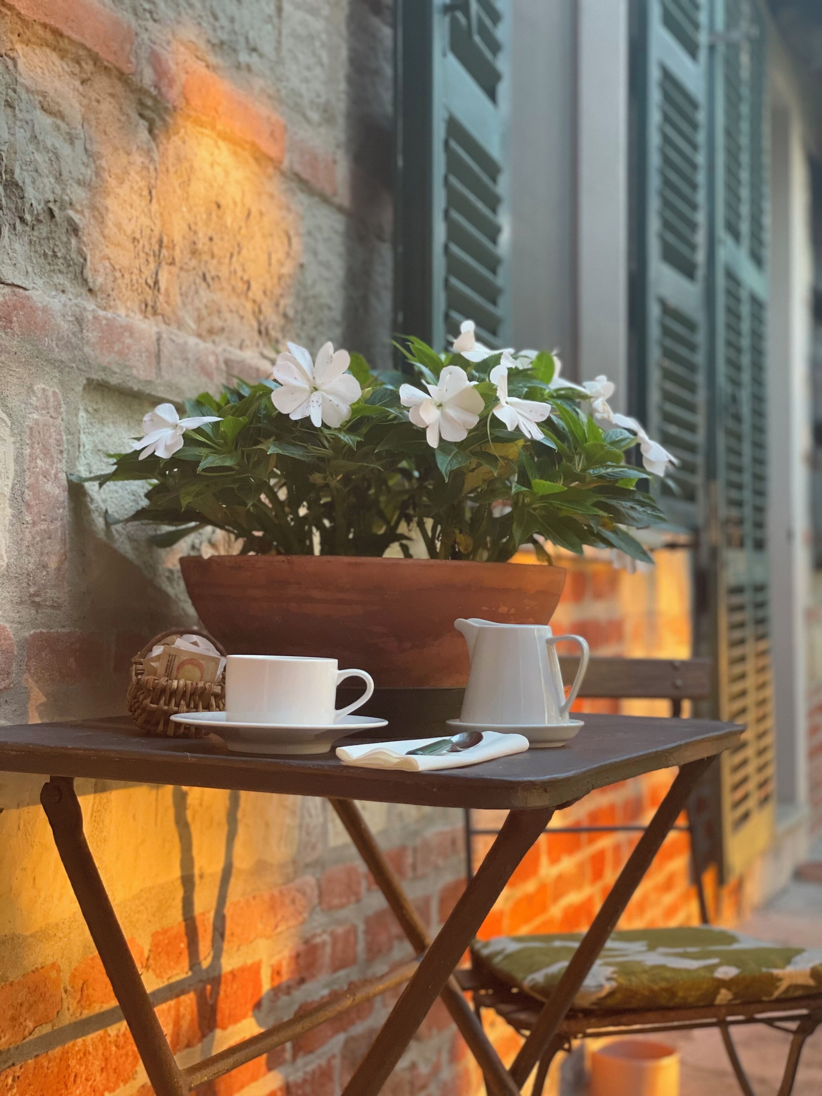 A table with a potted plant, two white cups, a small pitcher, and a spoon on a wooden table against a brick wall with shutters.