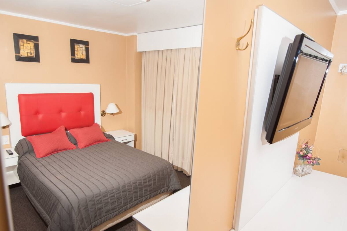 A hotel room with a bed, a desk, a mirror, and a TV.