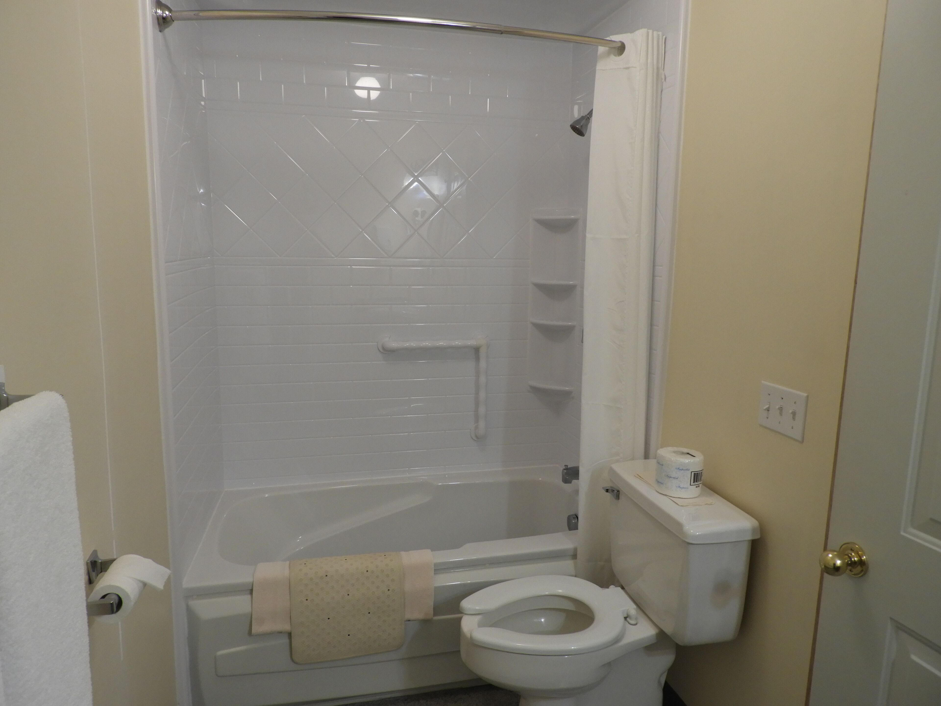 A bathroom with a shower, toilet, and a towel rack.