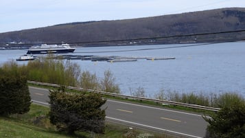 A coastal road with a ferry dock and a large ship.