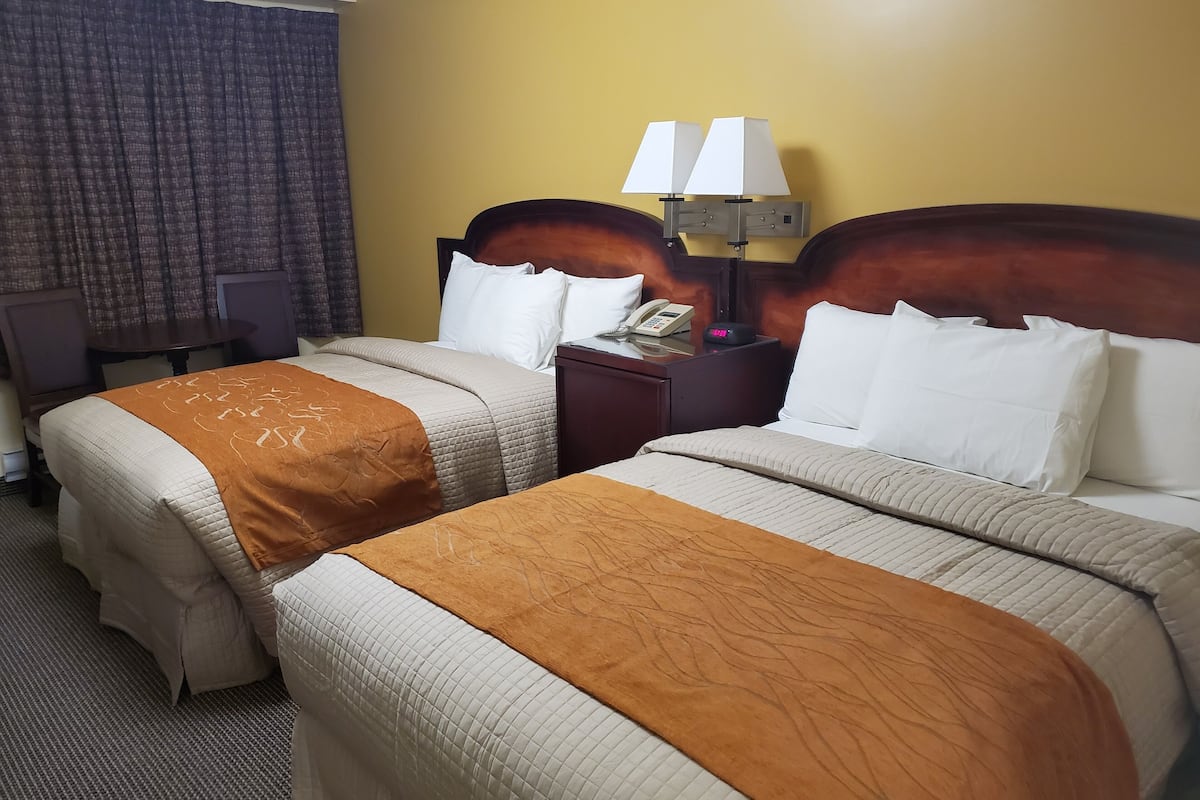 A hotel room with two beds, a bedside table with a lamp, a phone, and a clock.