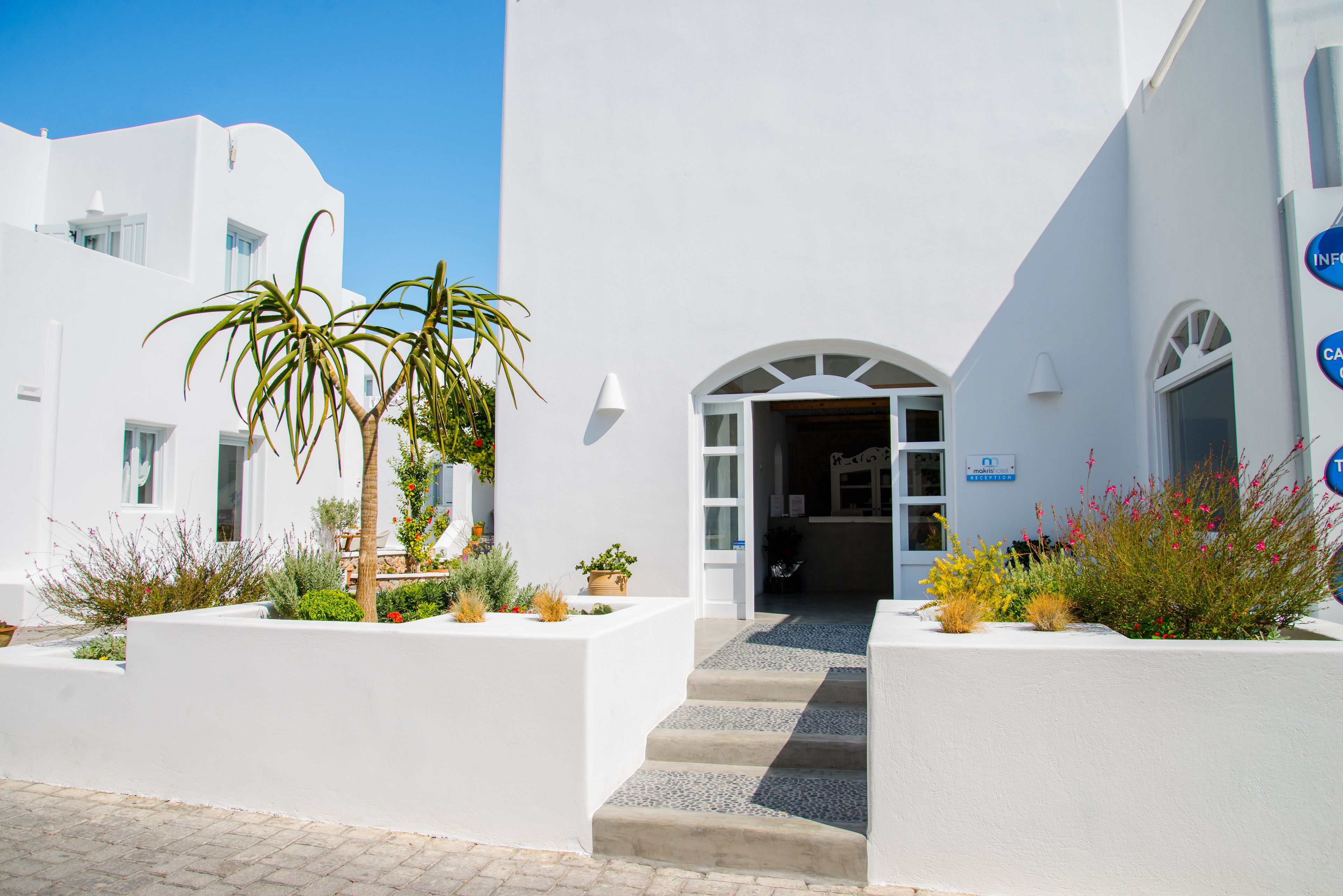A white building with a staircase leading to an entrance, surrounded by potted plants and a clear blue sky.
