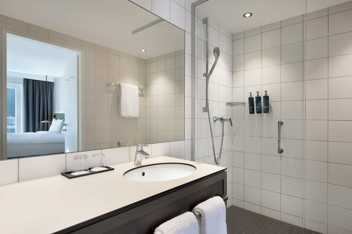 deluxe room, 1 king bed with sofa bed, corner | bathroom | free toiletries, hair dryer, towels