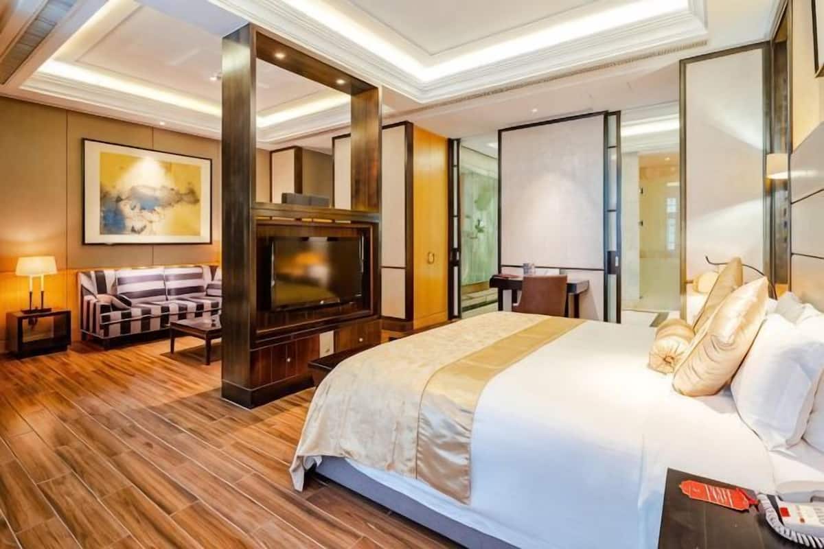 Una habitación de hotel con una cama grande, televisión, sofá y escritorio.