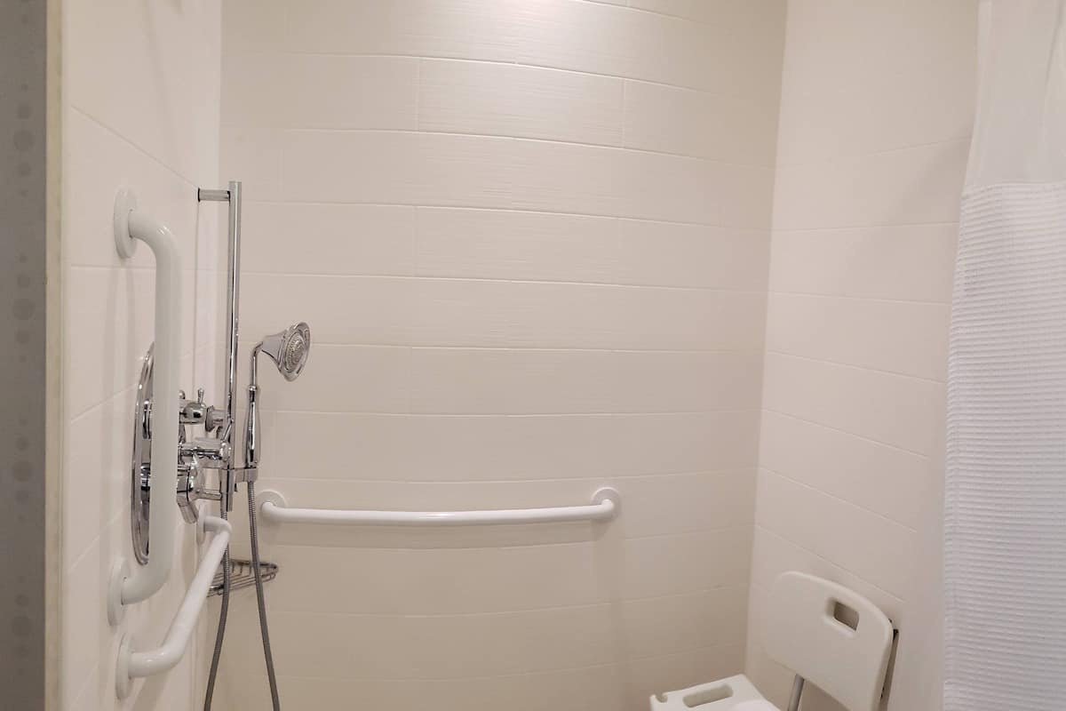 combined shower/bathtub, free toiletries, hair dryer, towels