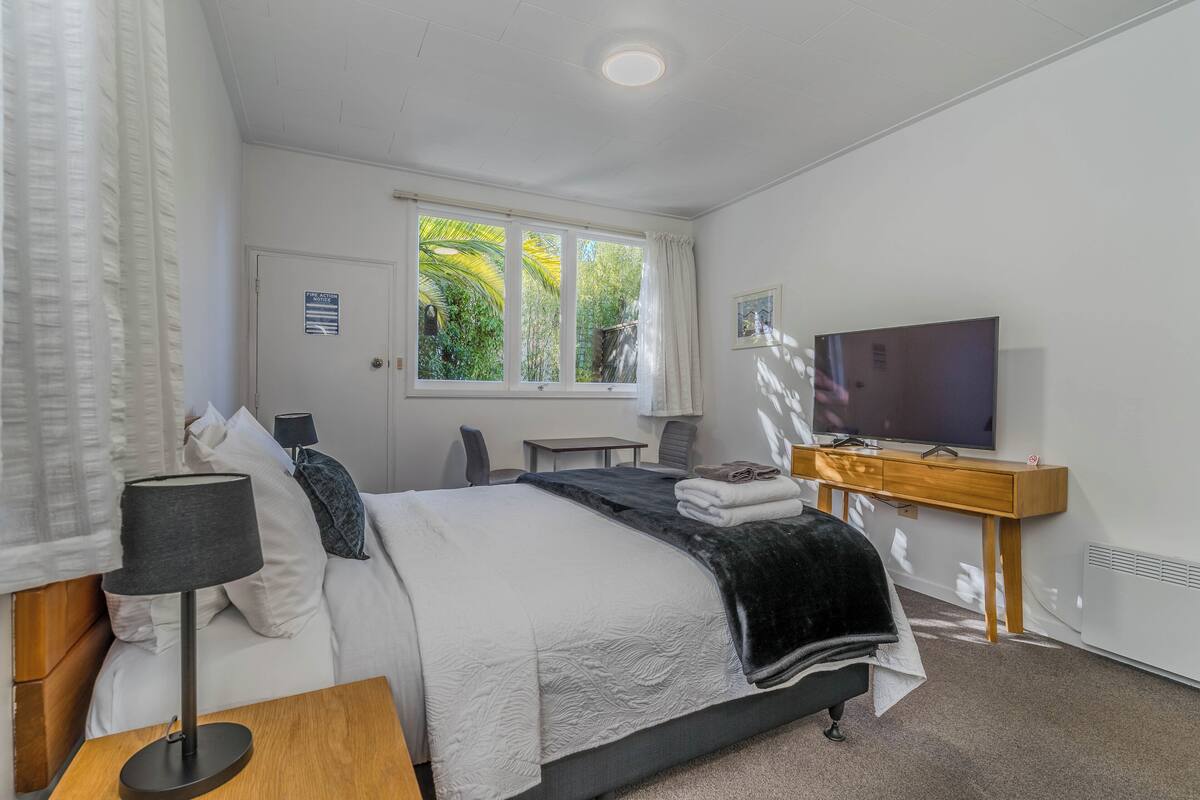 A bedroom with a bed, a desk, a TV, and a window with a view of greenery.