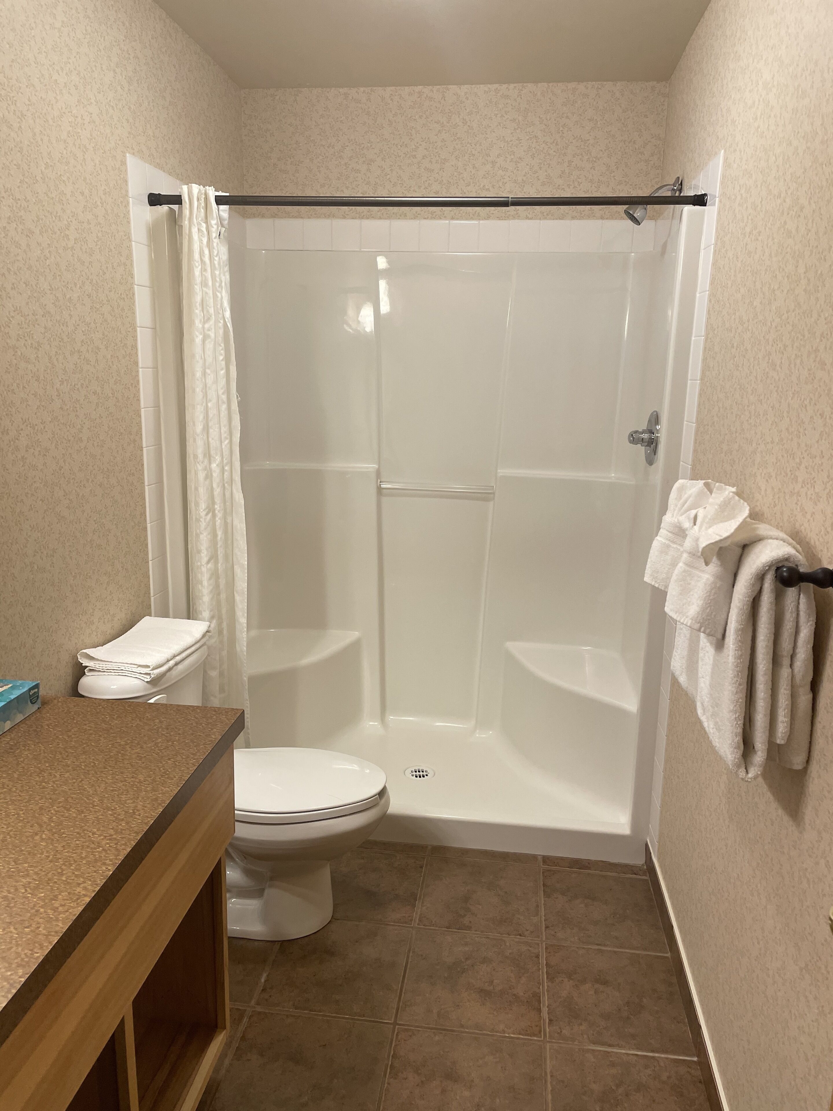 A bathroom with a shower, toilet, and sink.