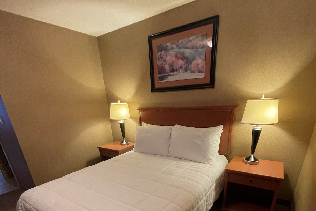Una habitación de hotel con una cama grande, dos mesitas de noche con lámparas, un cuadro en la pared y suelo alfombrado.