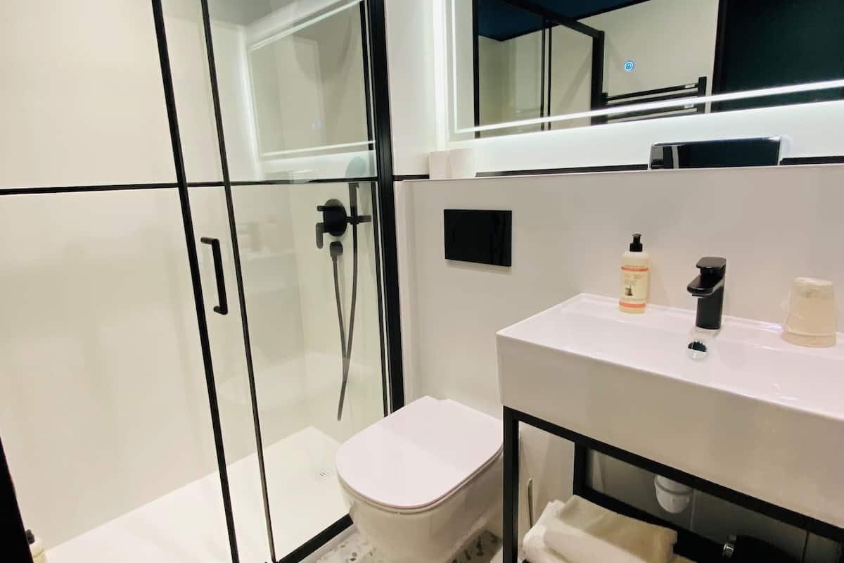 standard single room | bathroom | shower, free toiletries, hair dryer, towels
