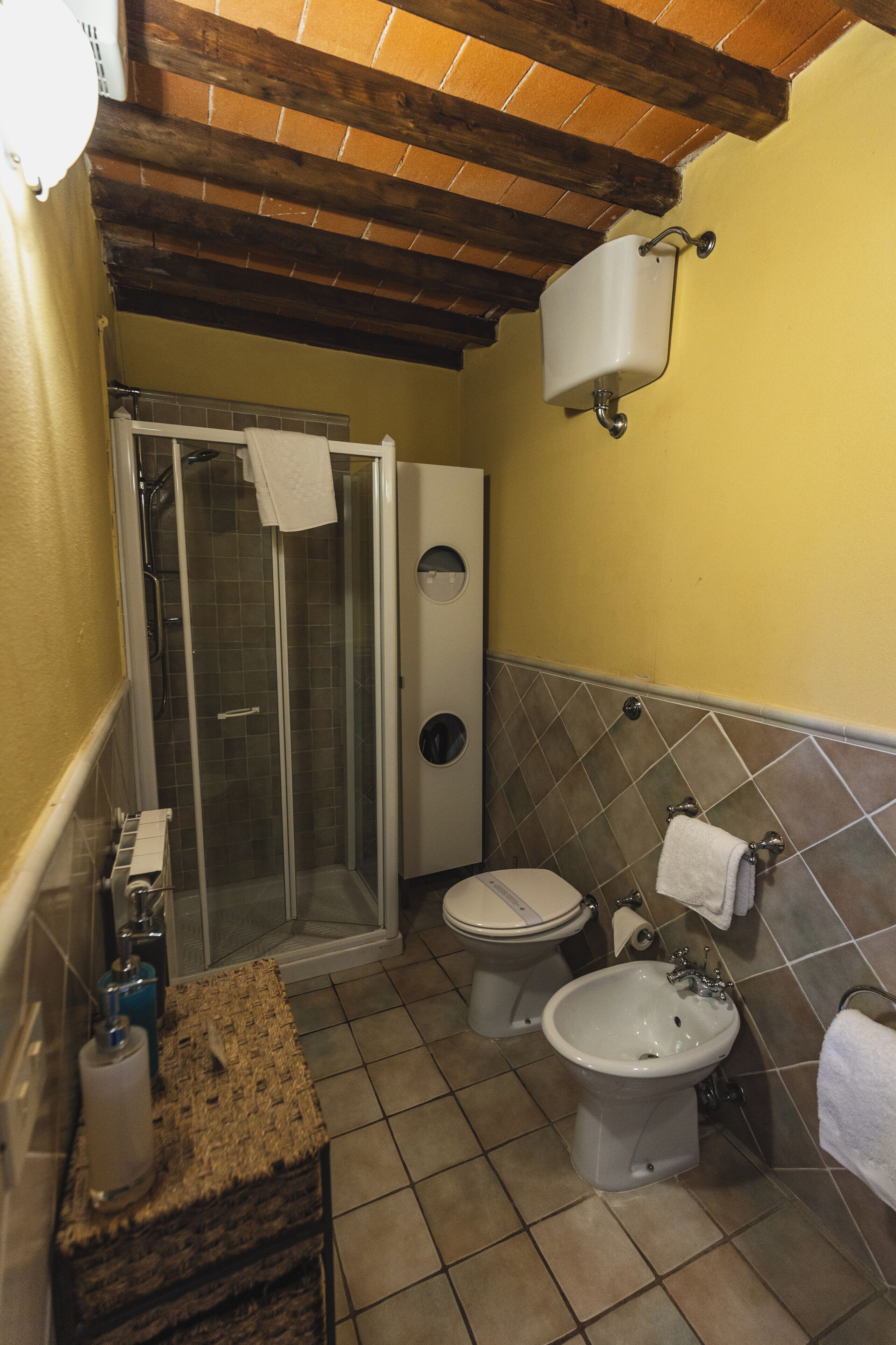 Un bany amb dutxa, vàter, bidet i rentapeus.