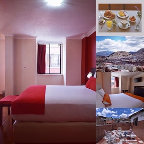 A hotel room with a bed, a window with curtains, a flat-screen TV, and a view of a cityscape.