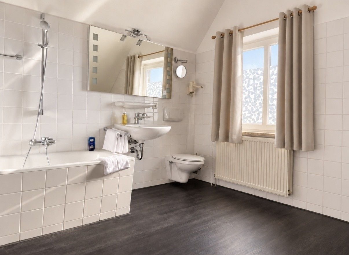 A modern bathroom with a bathtub, a toilet, a sink, and a window with curtains.