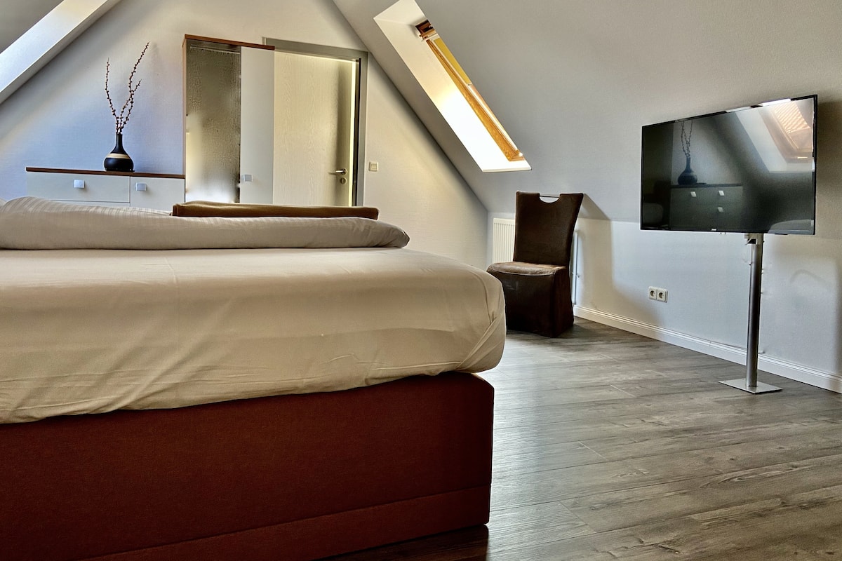 Un dormitorio moderno con una cama grande, un televisor y un tragaluz.