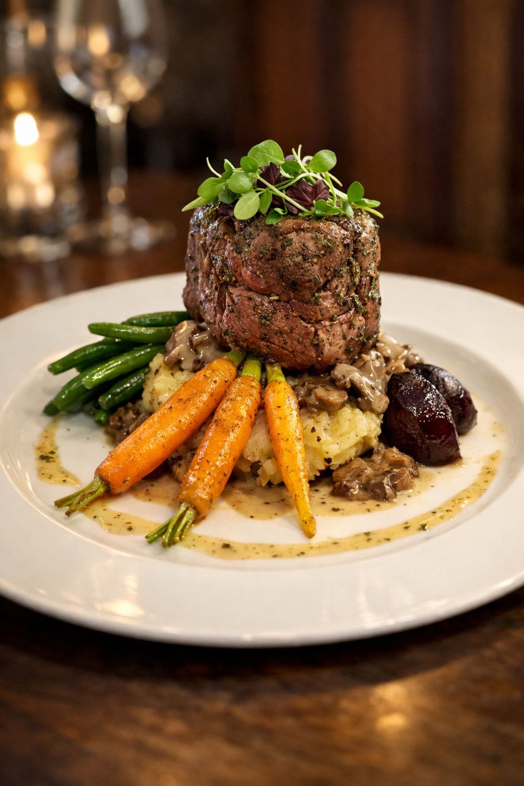 A plated dish with a beef center, garnished with greens, accompanied by carrots and green beans.