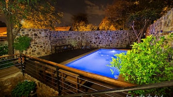 Outdoor pool, pool umbrellas, pool loungers