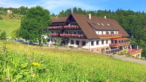 A traditional chalet with multiple balconies adorned with flowers, set in a lush green valley with a clear sky. - Höhenhotel & Restaurant Kalikutt (Oppenau)