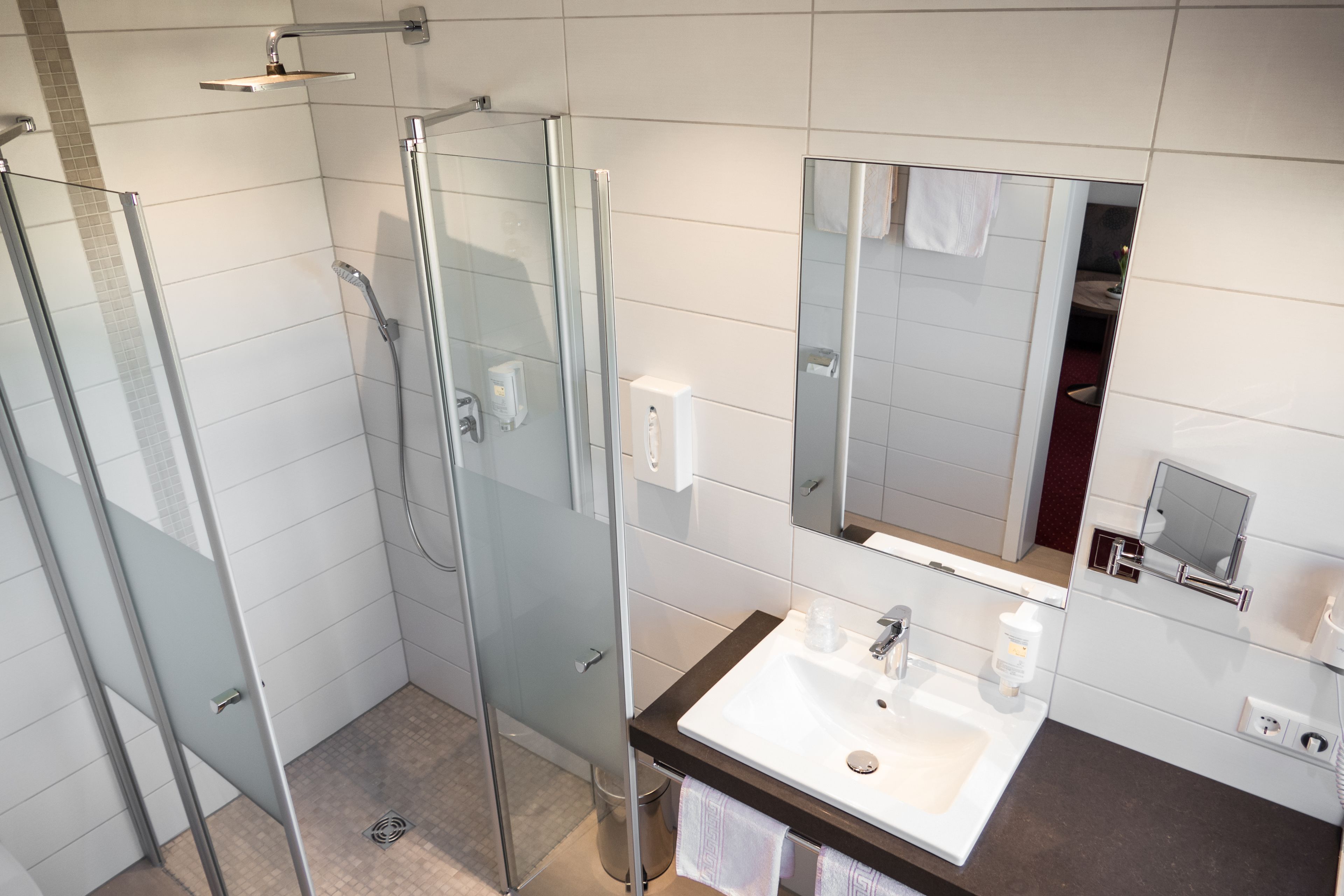 Un baño moderno con ducha de vidrio, un lavabo blanco y un espejo grande.