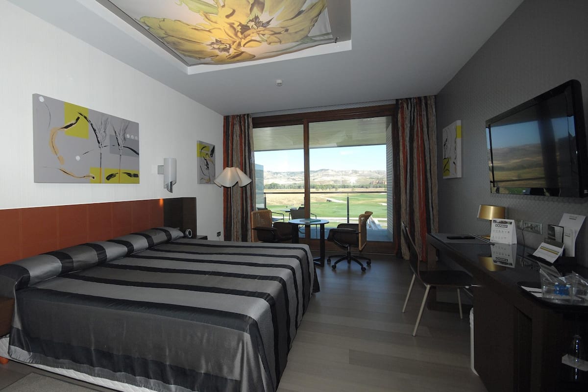 A hotel room with a large bed, a desk, a chair, a TV, and a view of the outdoors.