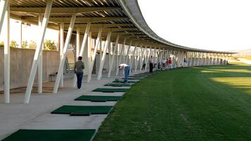 A covered outdoor area with a curved roof, green artificial turf, and white pillars.