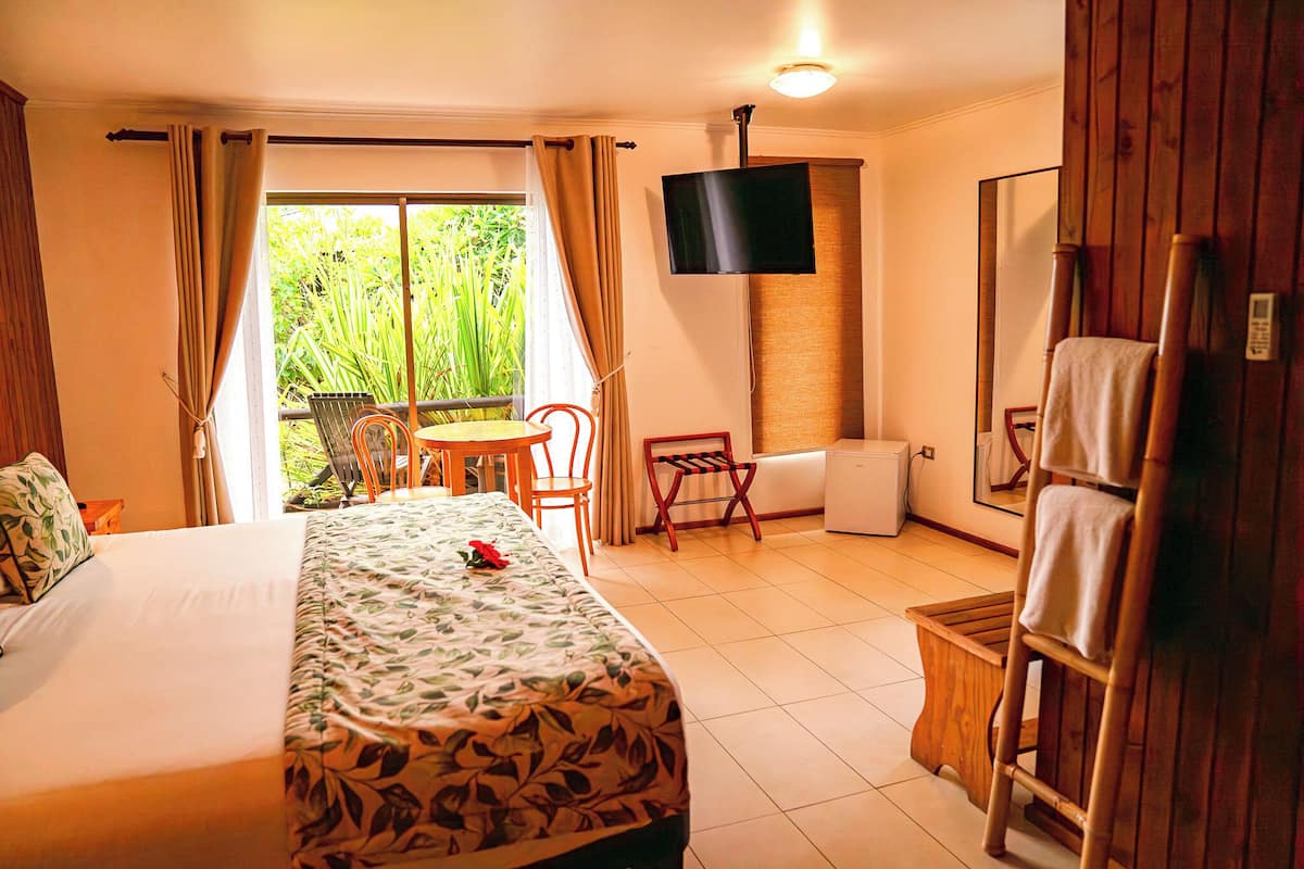 A hotel room with a bed, a TV, a small table, chairs, a window with curtains, and a view of greenery outside.